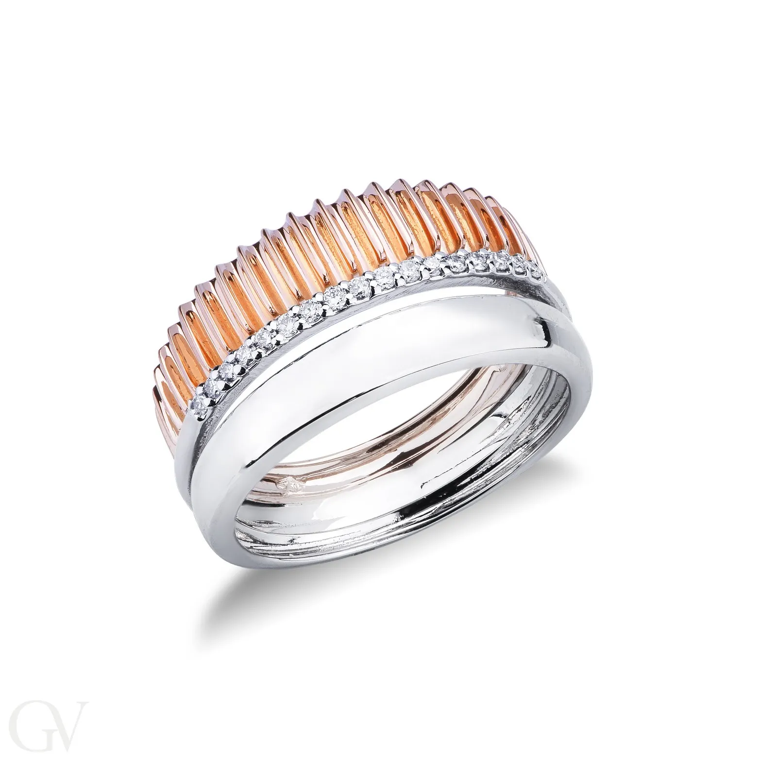 Anello a fascia in oro bianco e rosa 18k con diamanti