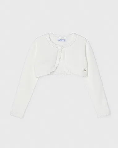 Bolero bianco in cotone stretch con orli ricamati 3-9 anni