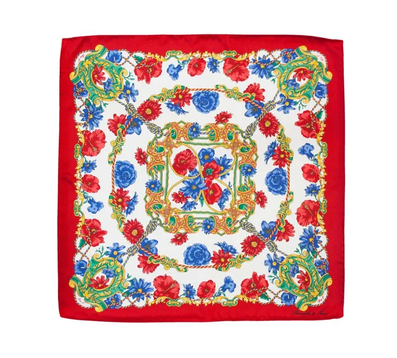 Fazzoletto in seta da collo a fiori con bordo rosso