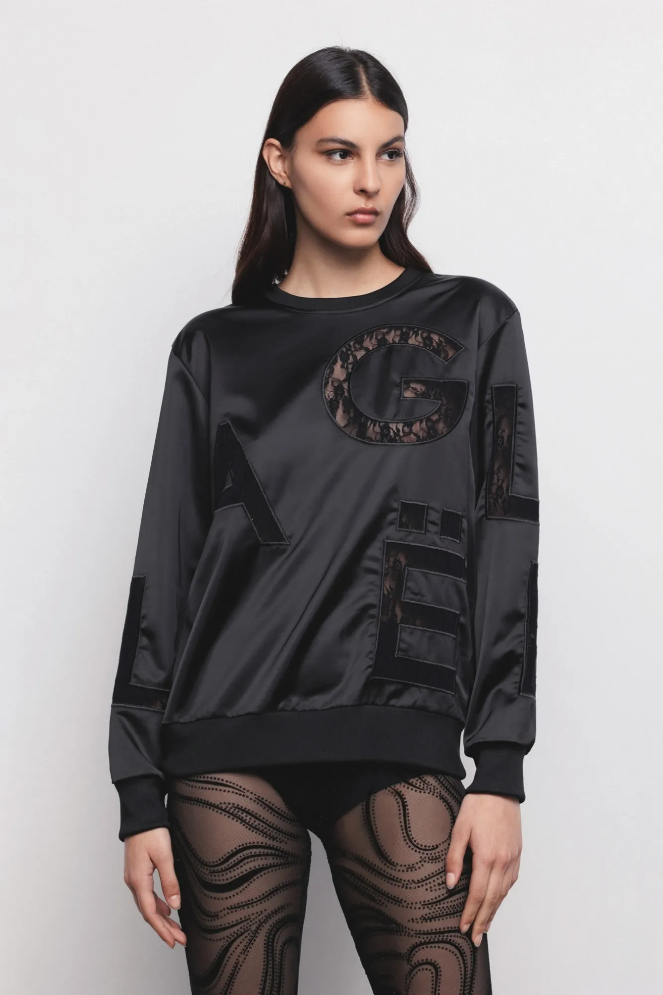 Felpa Paricollo Manica Raglan In Pizzo Nero - Gaëlle Paris