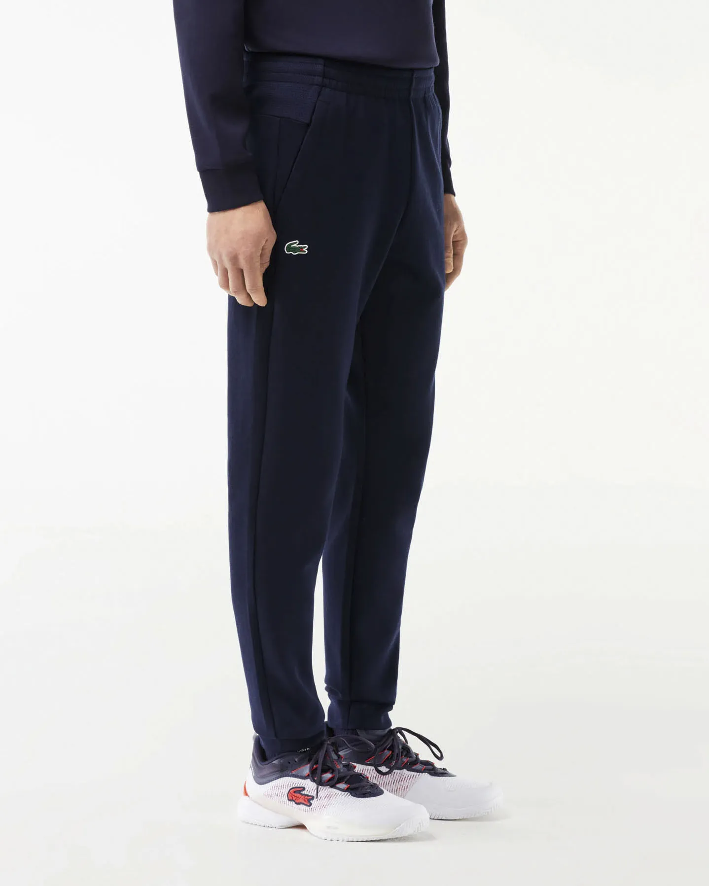 Pantalone blu in interlock di cotone con inserto in mesh