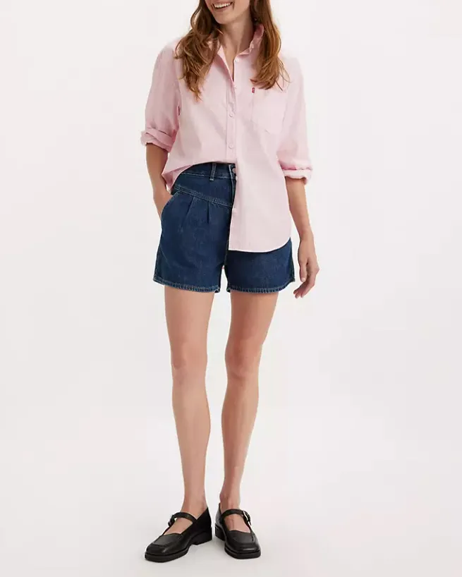 Shorts blu in cotone e lyocell con pinces in vita e cuciture a contrasto
