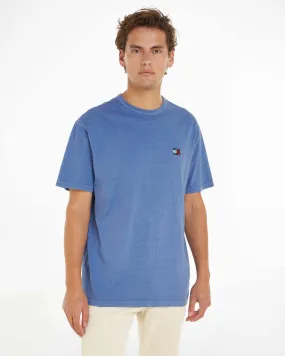 T-shirt blu indaco mezza manica in cotone stone washed con flag piccolo sul petto
