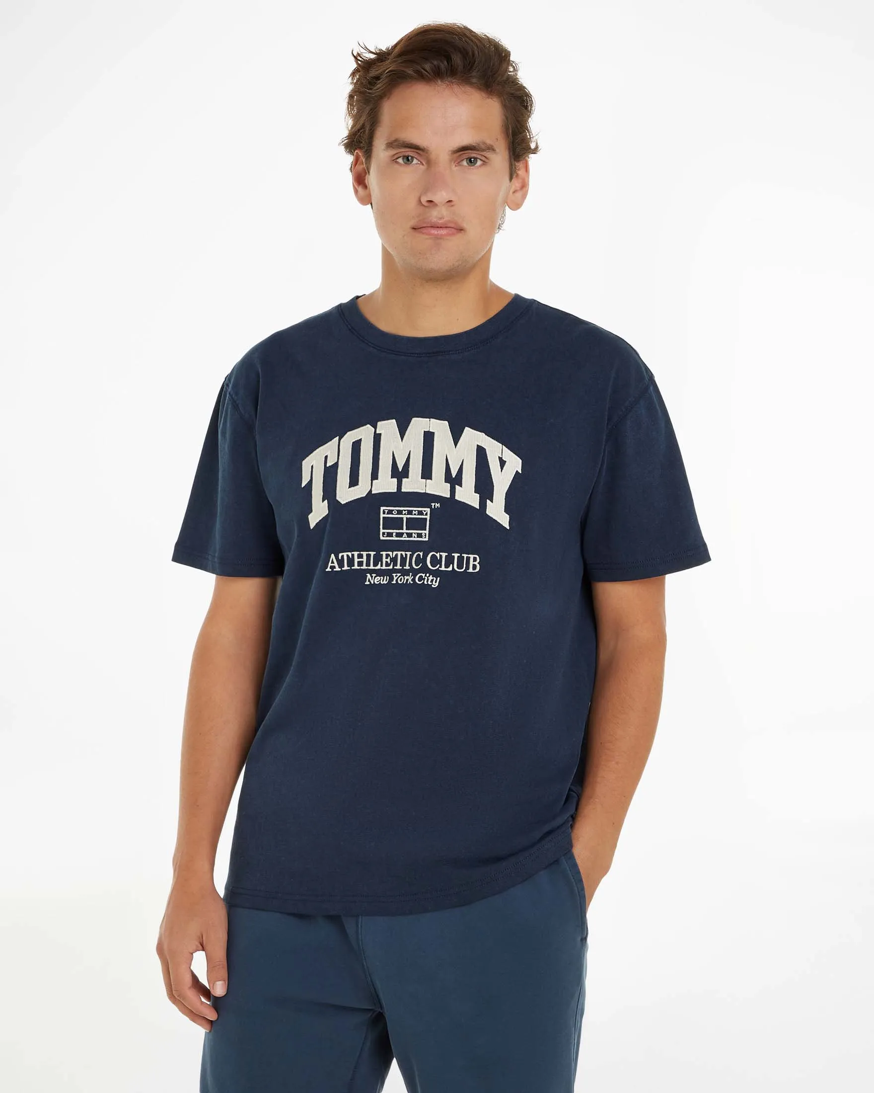 T-shirt blu mezza manica con logo ricamato centrale sul petto