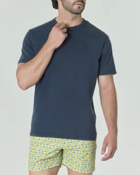 T-shirt blu mezza manica con logo scritta ricamata sul petto