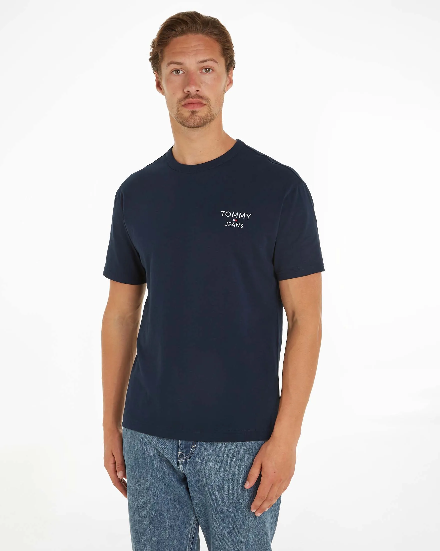 T-shirt blu mezza manica con scritta logo ricamata sul petto