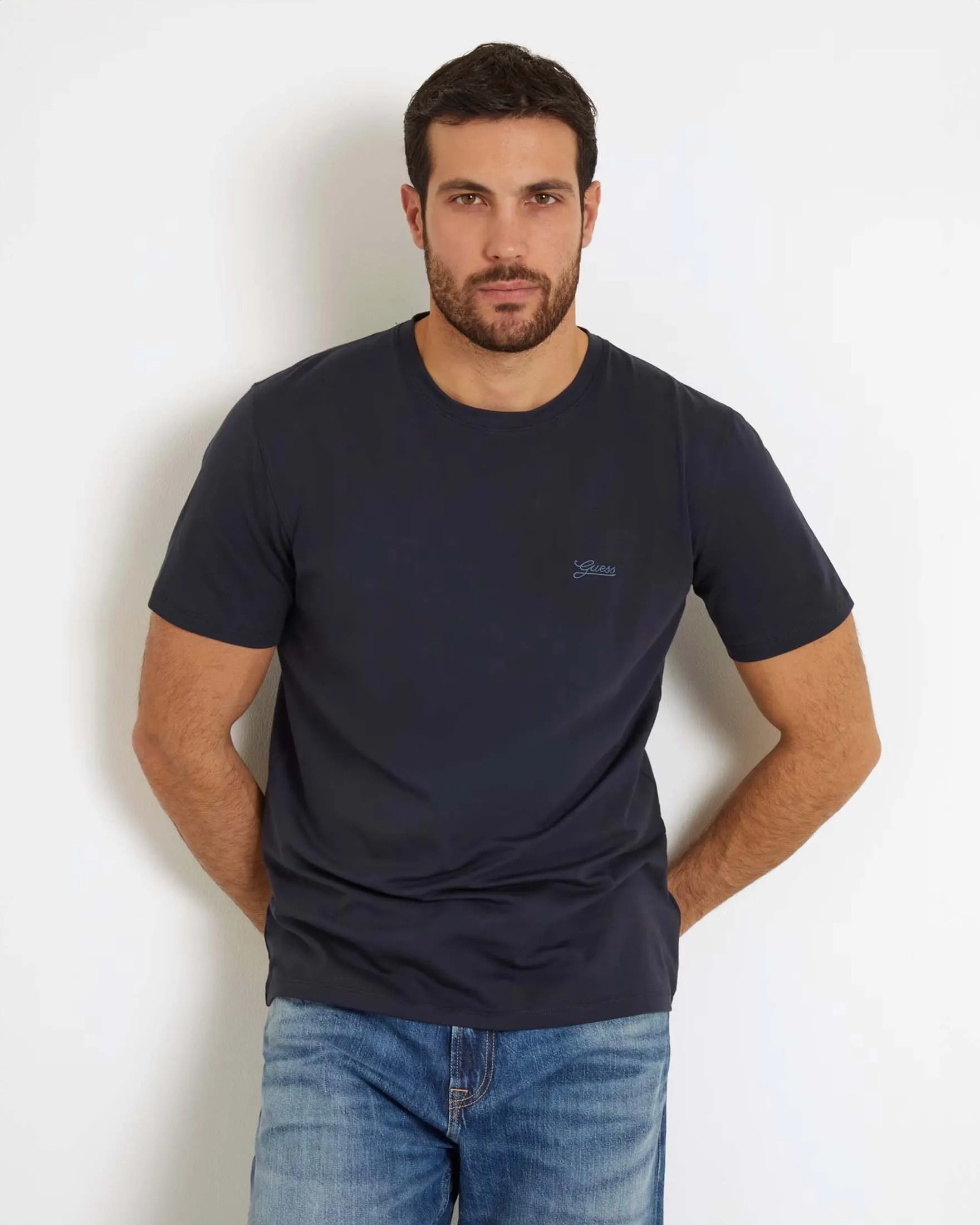 T-shirt blu mezza manica in cotone stretch con logo piccolo ricamato sul petto