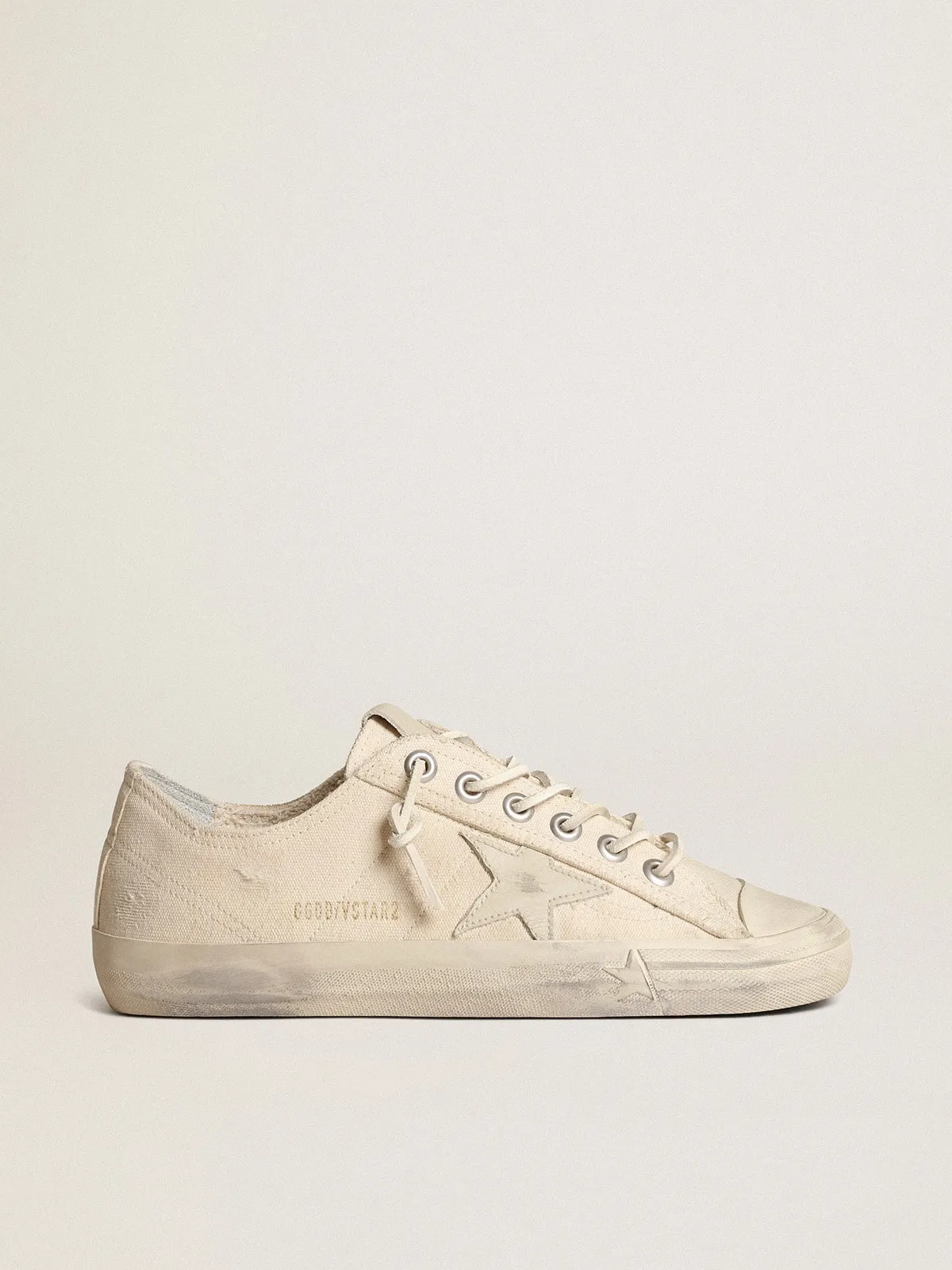 V-Star in canvas color bianco panna con stella in pelle color bianco latte