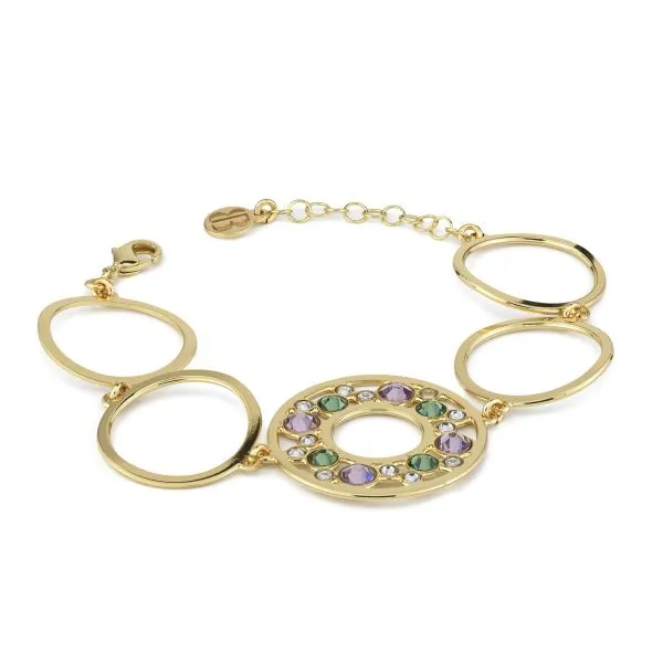 XB1021D Bracciale cerchi placcato oro giallo con centrale di cristalli crystal, verde erinite e light ametist    